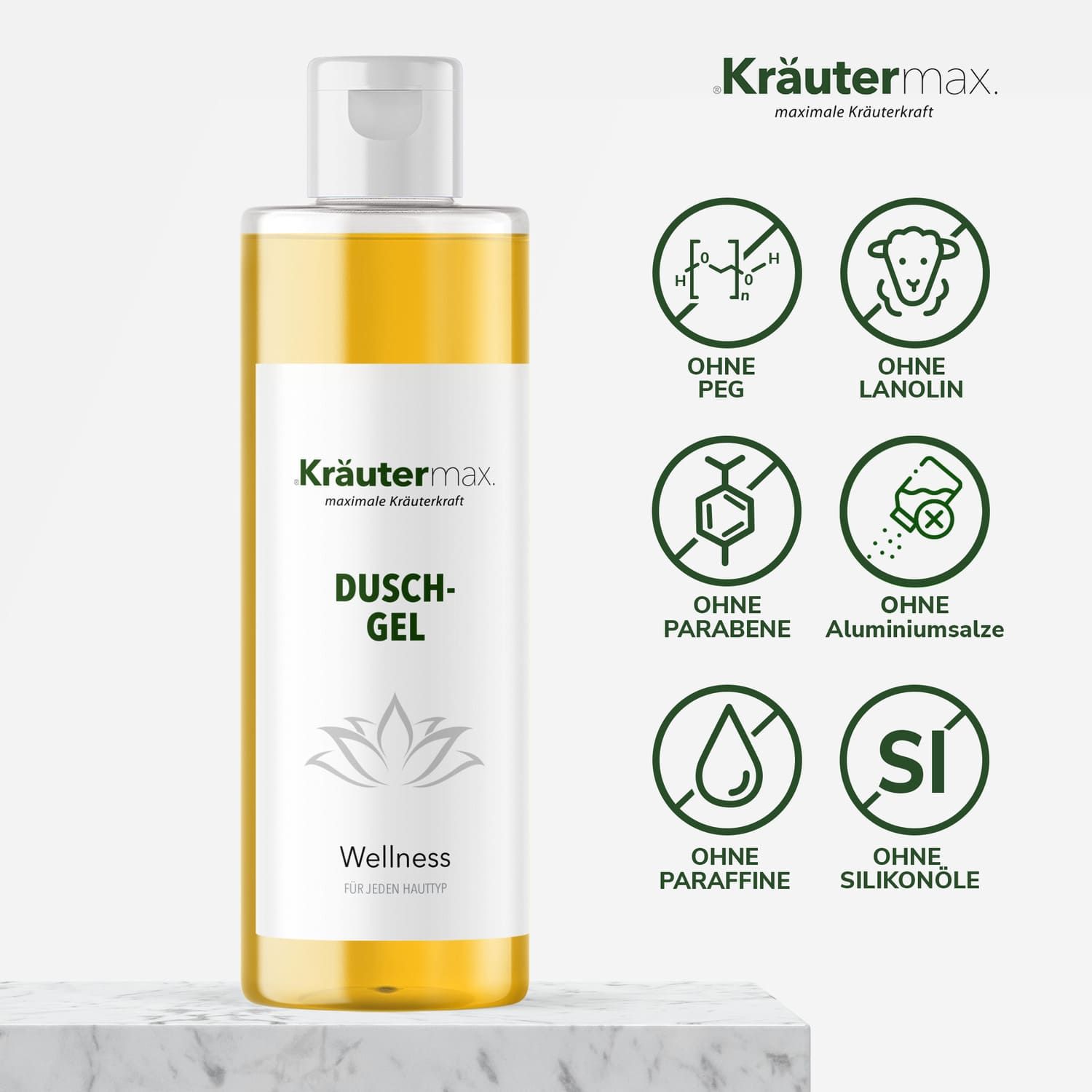 Kräutermax Duschgel Wellness, gelbe Flüssigkeit in einer Flasche mit weißem Deckel. Ohne PEG, Lanolin, Parabene, Aluminiumsalze, Paraffine, Silikonöle.