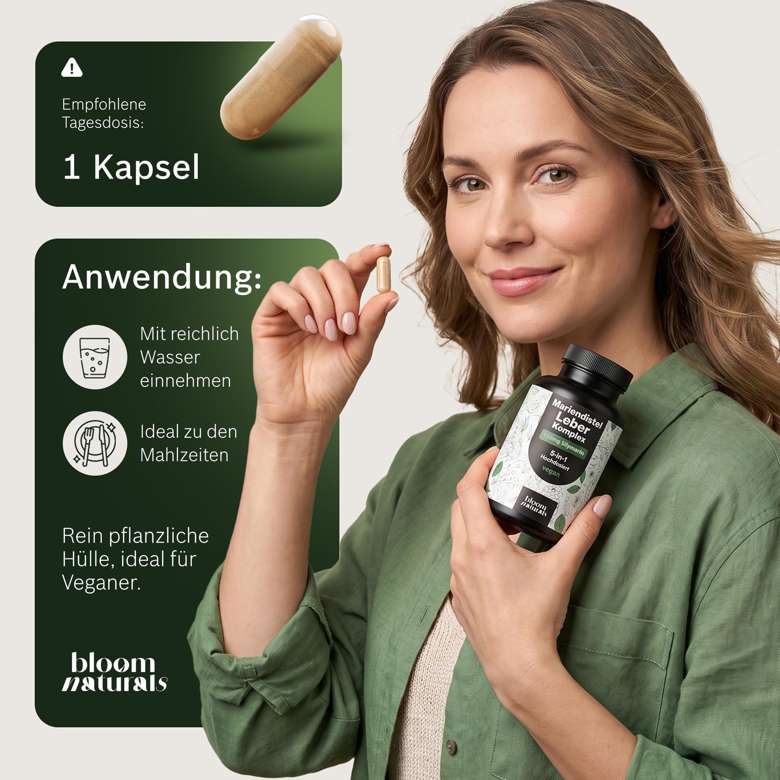 Frau hält eine Bloom Naturals Leber Komplex Kapsel und einen Behälter. Empfohlene Tagesdosis: 1 Kapsel.