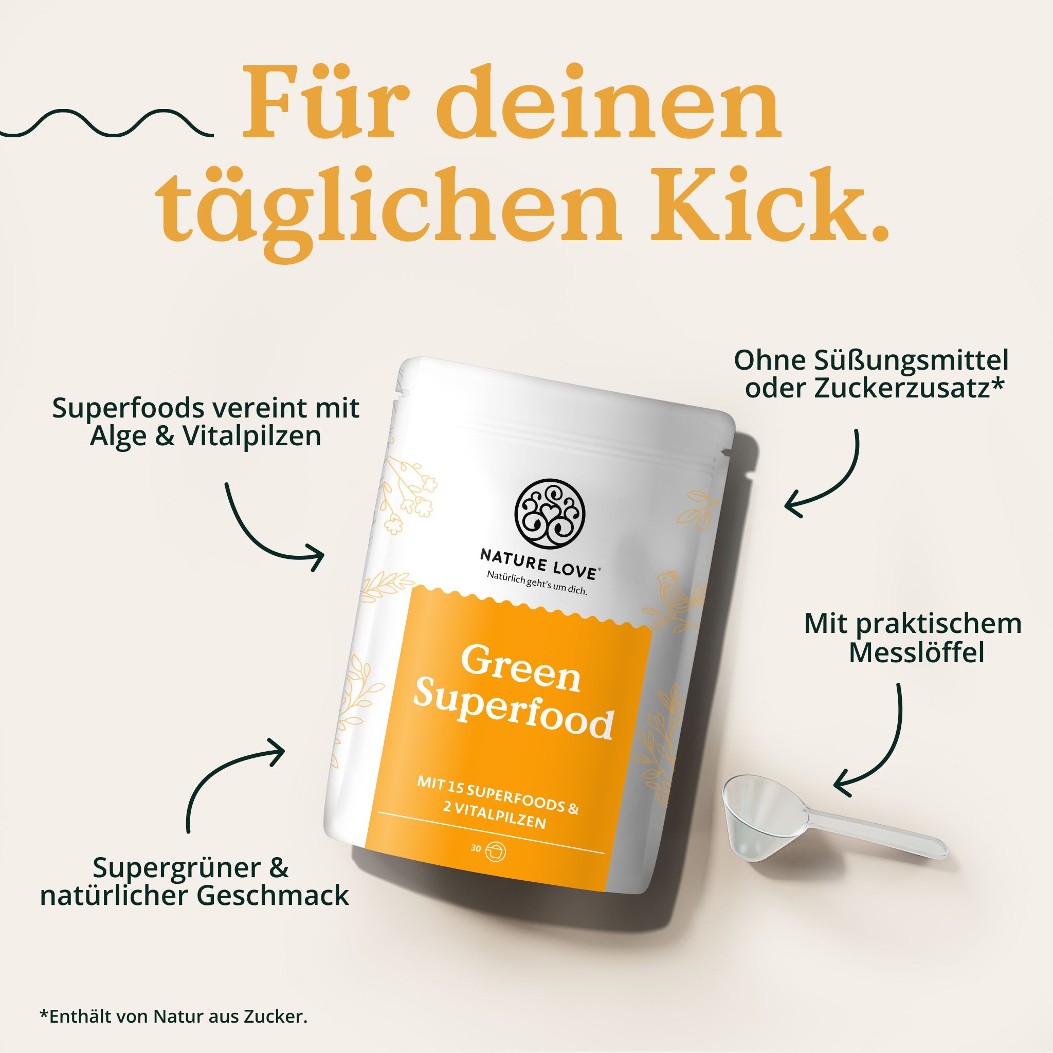 NATURE LOVE® Green Superfood - 15 Superfoods & 2 Vitalpilze - mit Gerstengras, Spirulina & Moringa