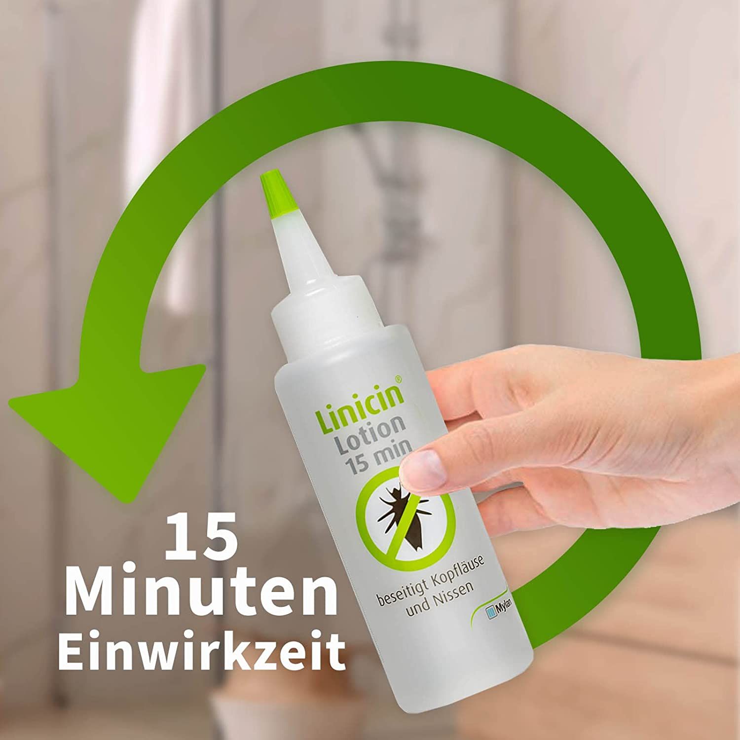 Weiße Flasche Linicin Lotion, grüne Kappe. Text: 15 Minuten Einwirkzeit. Hintergrund: Badezimmer.