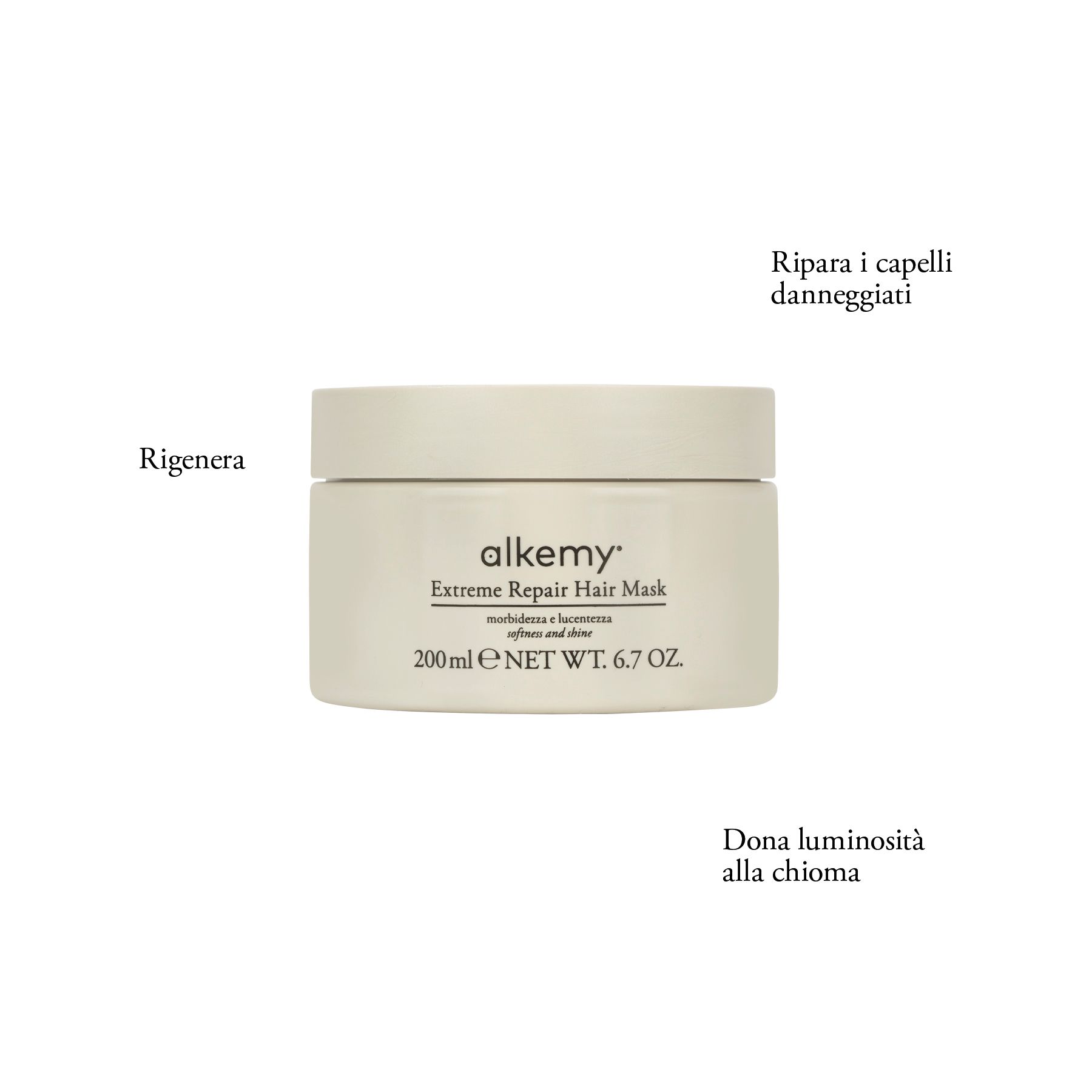 Alkemy Intense Repair Haarmaske Tiegel mit Text-Overlays: 'Rigenera', 'Ripara i capelli danneggiati', 'Dona luminosità alla chioma'.