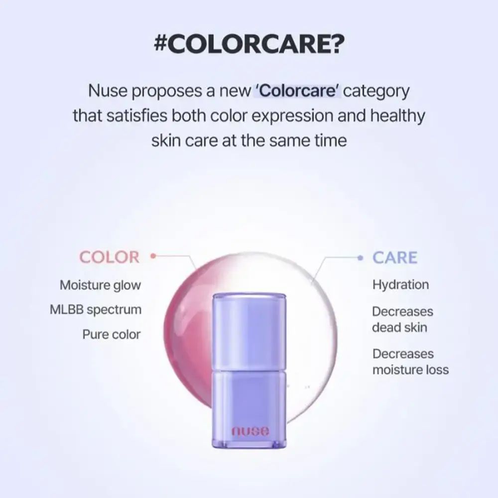 Produktabbildung mit Text: #COLORCARE? Nuse. Produkt in lila Verpackung.