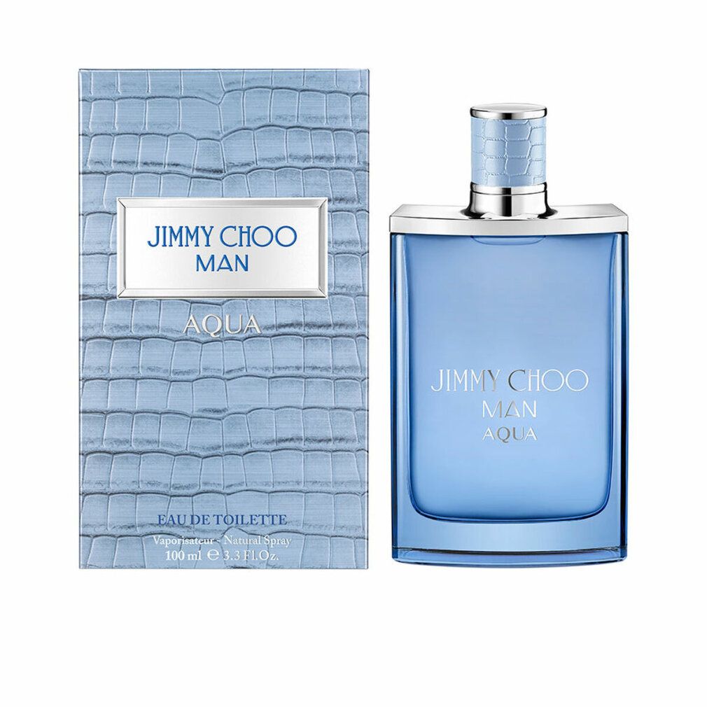 Hellblaues Parfümflakon und Verpackung. Aufschrift: JIMMY CHOO MAN AQUA. Verpackung mit Krokodilmuster.