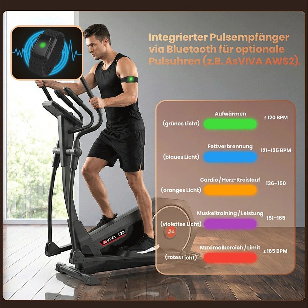 Mann trainiert auf Crosstrainer C28 Runner mit integriertem Bluetooth-Pulssensor.