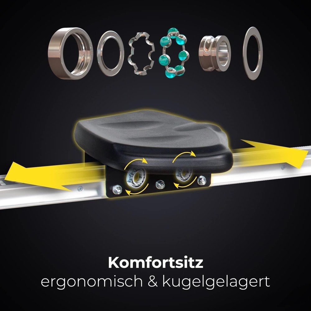 Explosionszeichnung des ergonomischen, kugelgelagerten Komfortsitzes eines Rudergeräts.