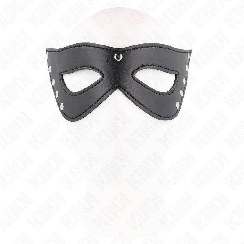 Schwarze Leder-Augenmaske mit Nieten und silbernen Ösen.