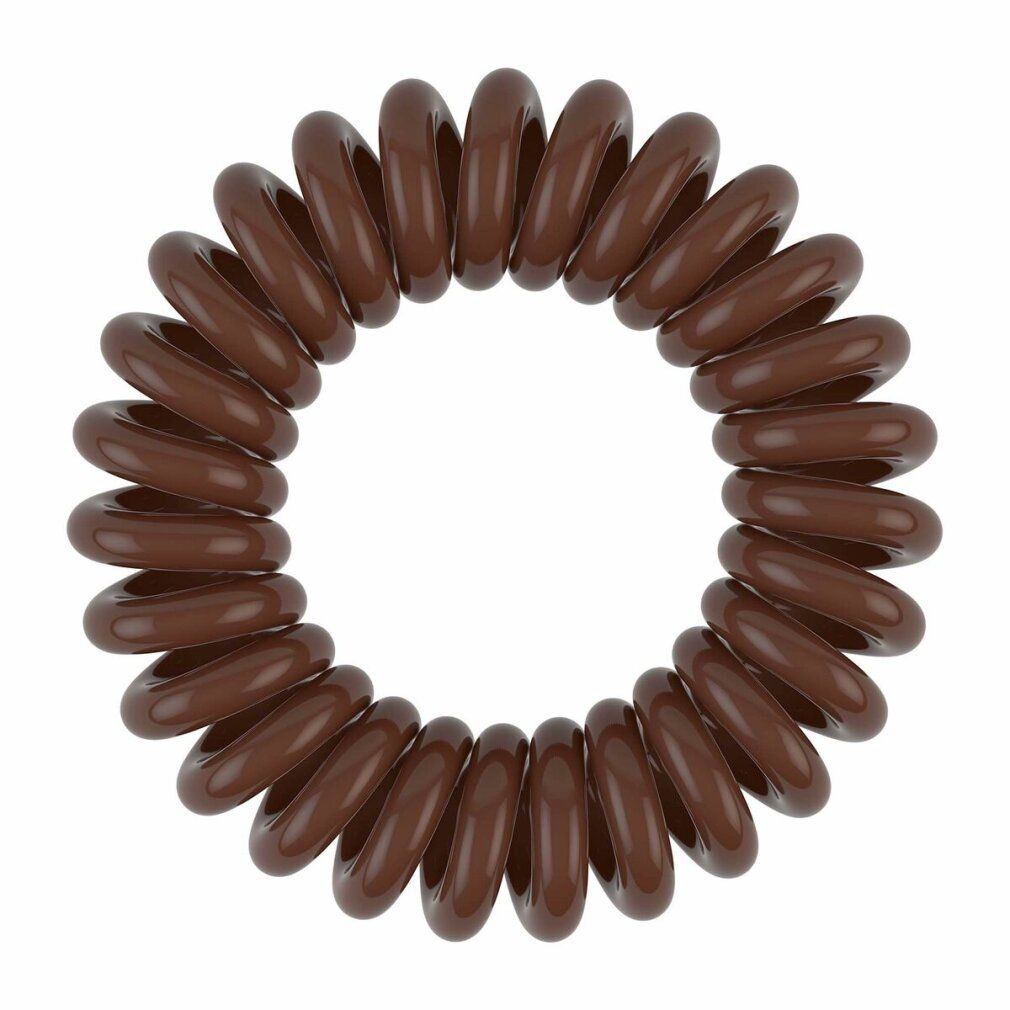 Brauner Haargummi in Spiralform. Produktansicht von oben.