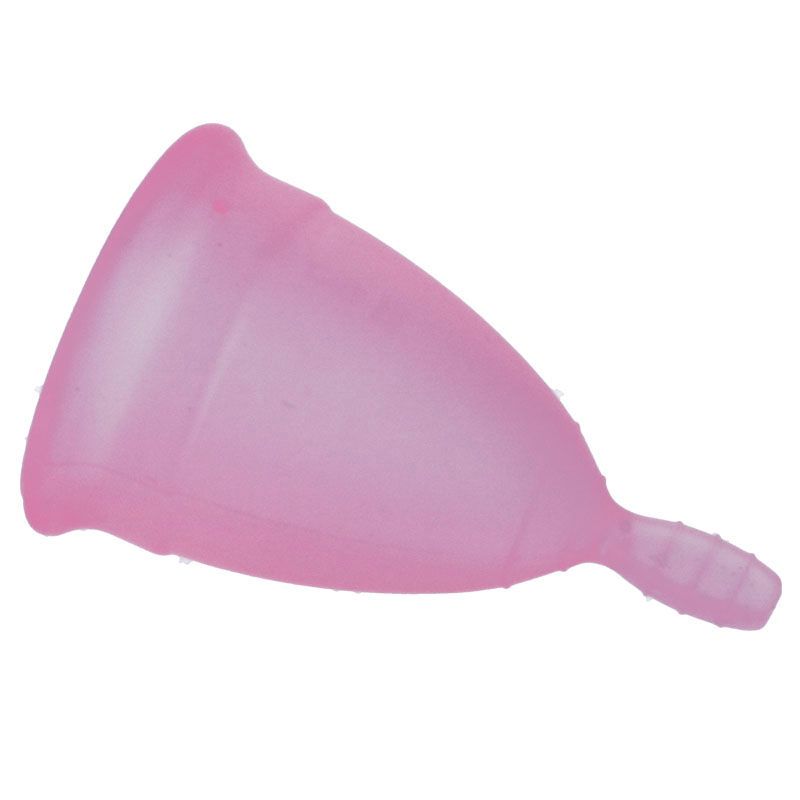 Rosa Menstruationstasse mit Stiel. Aus medizinischem Silikon.