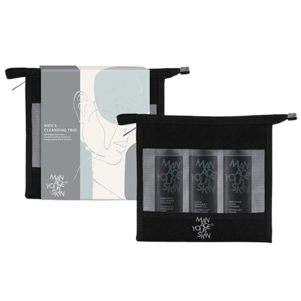 Schwarze Kosmetiktasche mit drei Flaschen. Aufdruck: MAN YOU ARE YOUNG SKIN. Verpackung mit Aufdruck: MEN'S CLEANSING TRIO.