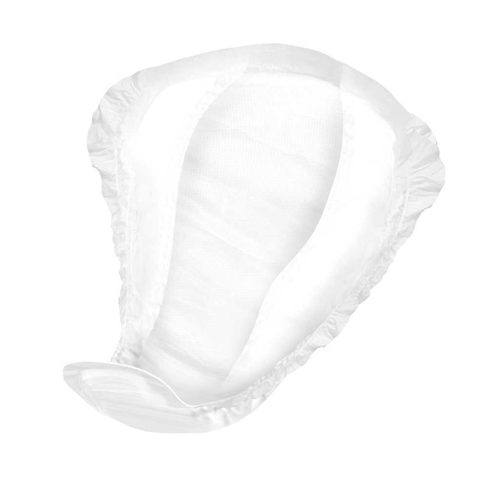 Weißes, anatomisch geformtes Inkontinenzprodukt. Mit gerüschten Rändern und einer länglichen, absorbierenden Zone.