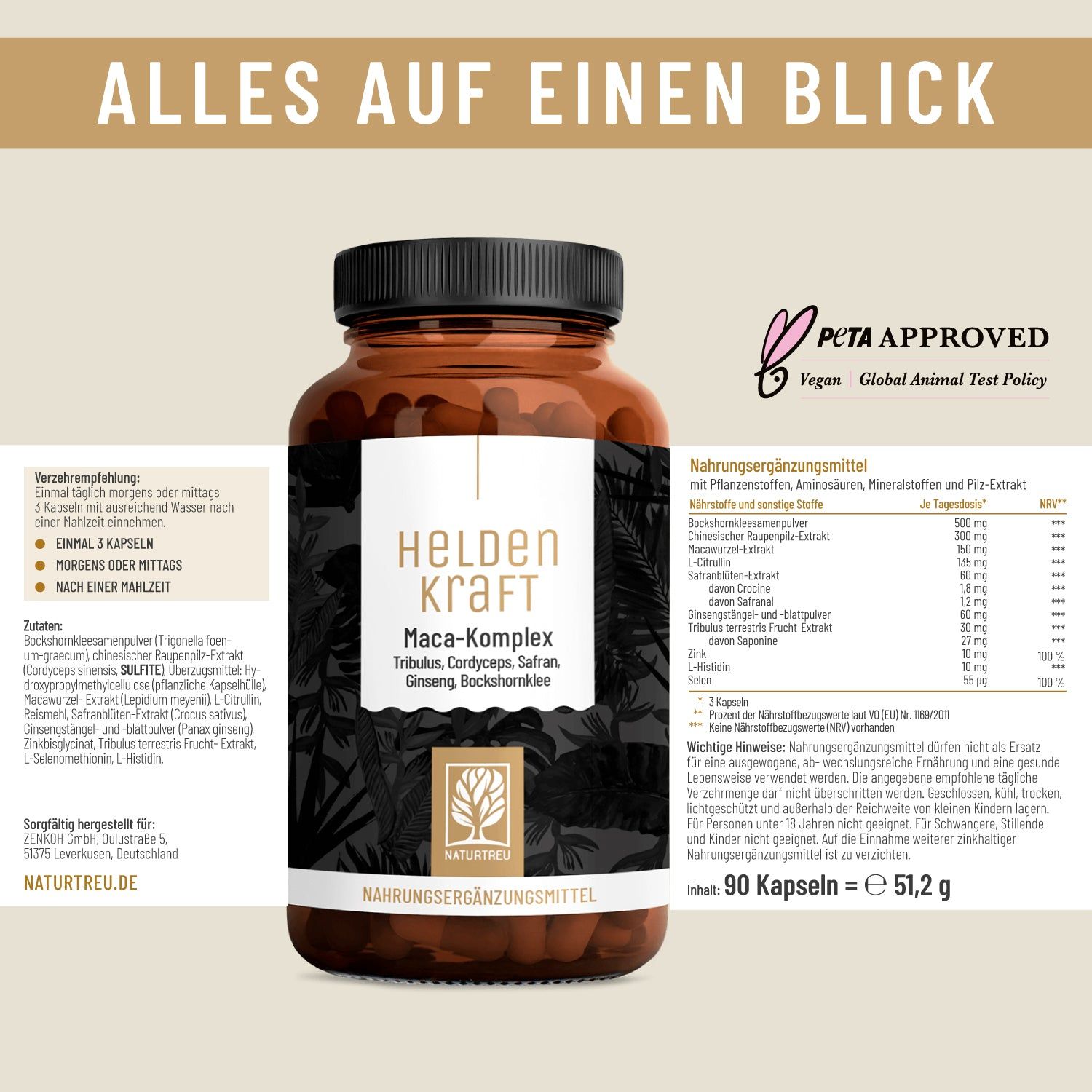 Braune Flasche mit Kapseln und Text. Aufschrift: Heldenkraft Maca-Komplex. 90 Kapseln. NATURTREU® Logo. PETA-Siegel.