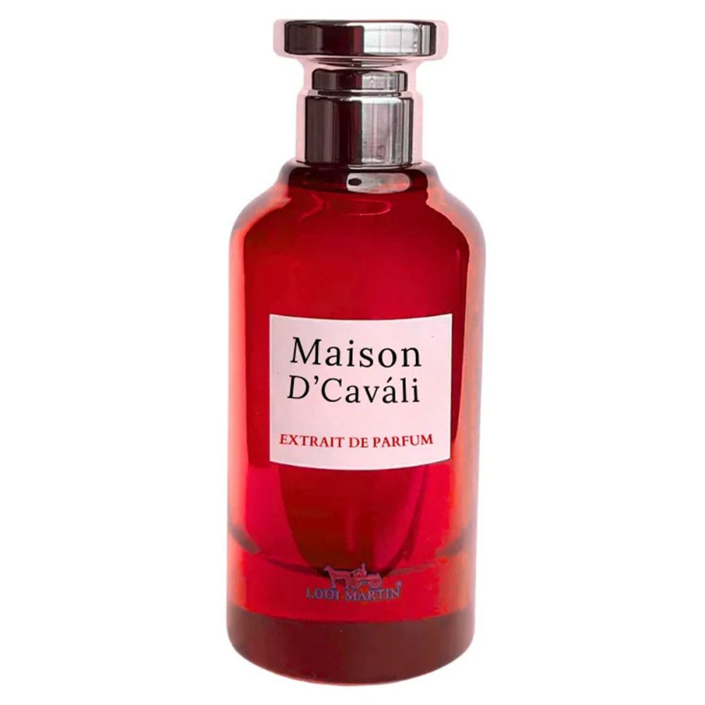 Rote Glasflasche mit silbernem Verschluss. Aufkleber mit "Maison D'Caváli" und "Extrait de Parfum". Marke Loui Martin.