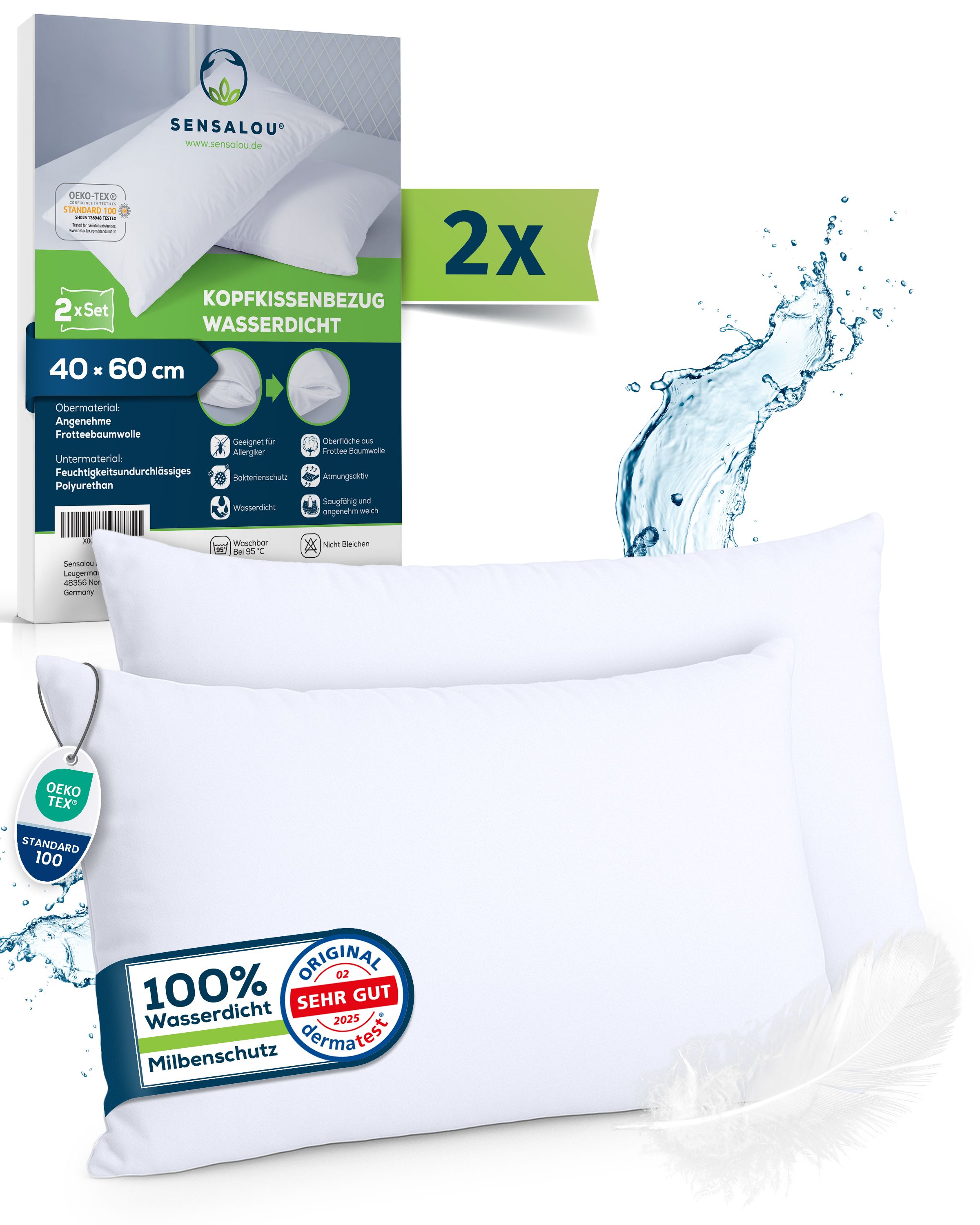 Zwei weiße Kopfkissenbezüge. Verpackung mit Produktname, Größe 40x60 cm, wasserdicht, OEKO-TEX.