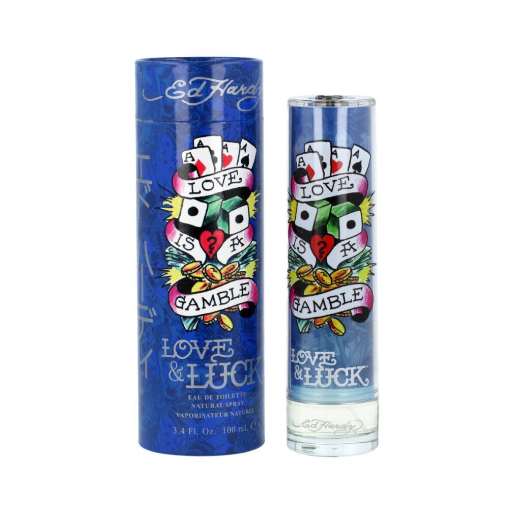 Blaues Eau de Toilette mit zylindrischer Verpackung. Aufschrift: Love & Luck, Ed Hardy. Tattoo-Design mit Spielkarten und Würfeln.