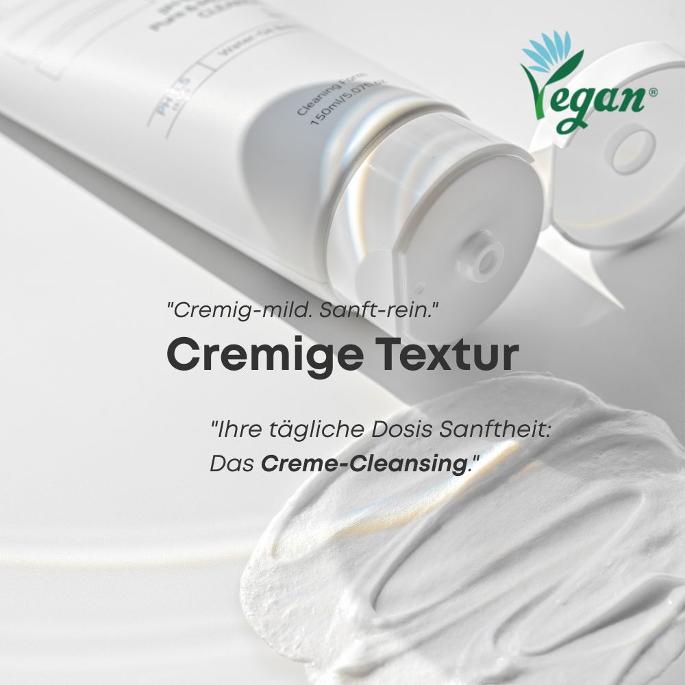 Weiße Tube mit Text und veganem Logo. Text: Cremige Textur. Ihre tägliche Dosis Sanftheit: Das Creme-Cleansing.