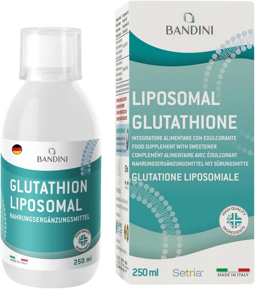 Bandini Liposomales Glutathion Flüssigformat. Flasche und Verpackung. Text: Glutathion Liposomal, 250 ml. Mit Süßungsmittel.
