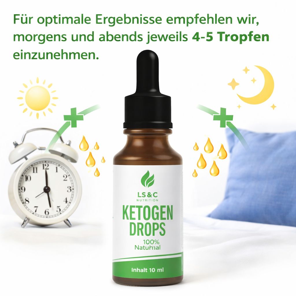 Braune Flasche mit schwarzem Tropfer. Aufschrift: LS & C Nutrition, Ketogen Drops, 100% Natural, Inhalt 10 ml. Wecker, Sonne, Mond, Kissen.