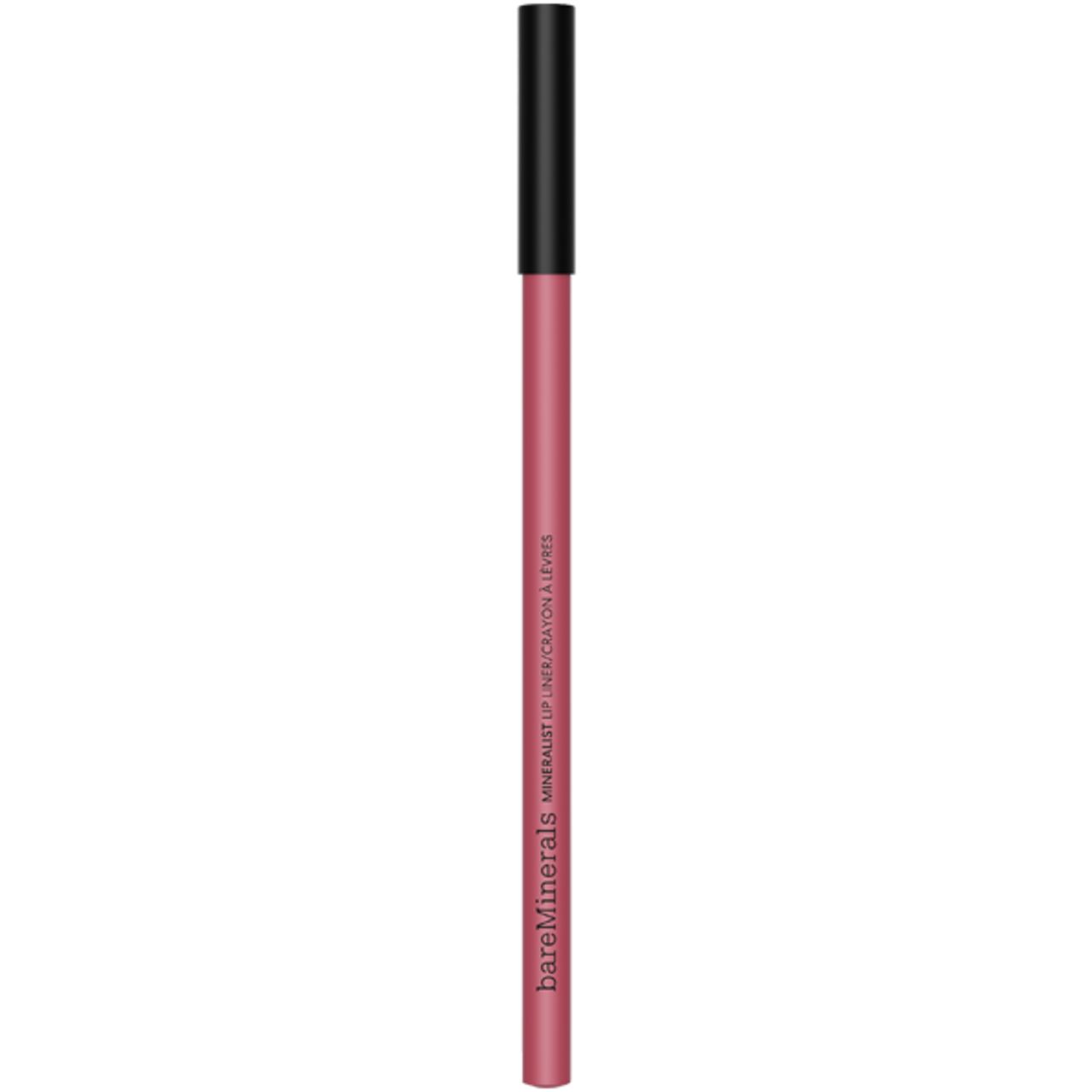 bareMinerals Mineralist Lip Liner. Rosa Lipliner-Stift mit schwarzer Kappe. Aufschrift: Mineralist Lip Liner Crayon à Lèvres.
