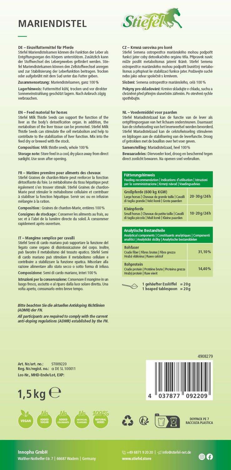 Rückseite der Verpackung mit Produktinformationen. Text in mehreren Sprachen, Inhaltsstoffe, Nährwertangaben, Herstelleradresse und Logos.