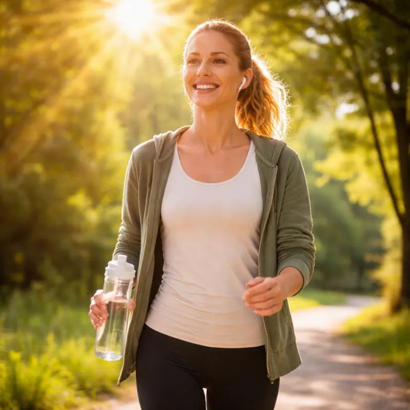 Lächelnde Frau mit Kopfhörern und Wasserflasche beim Joggen im Freien.