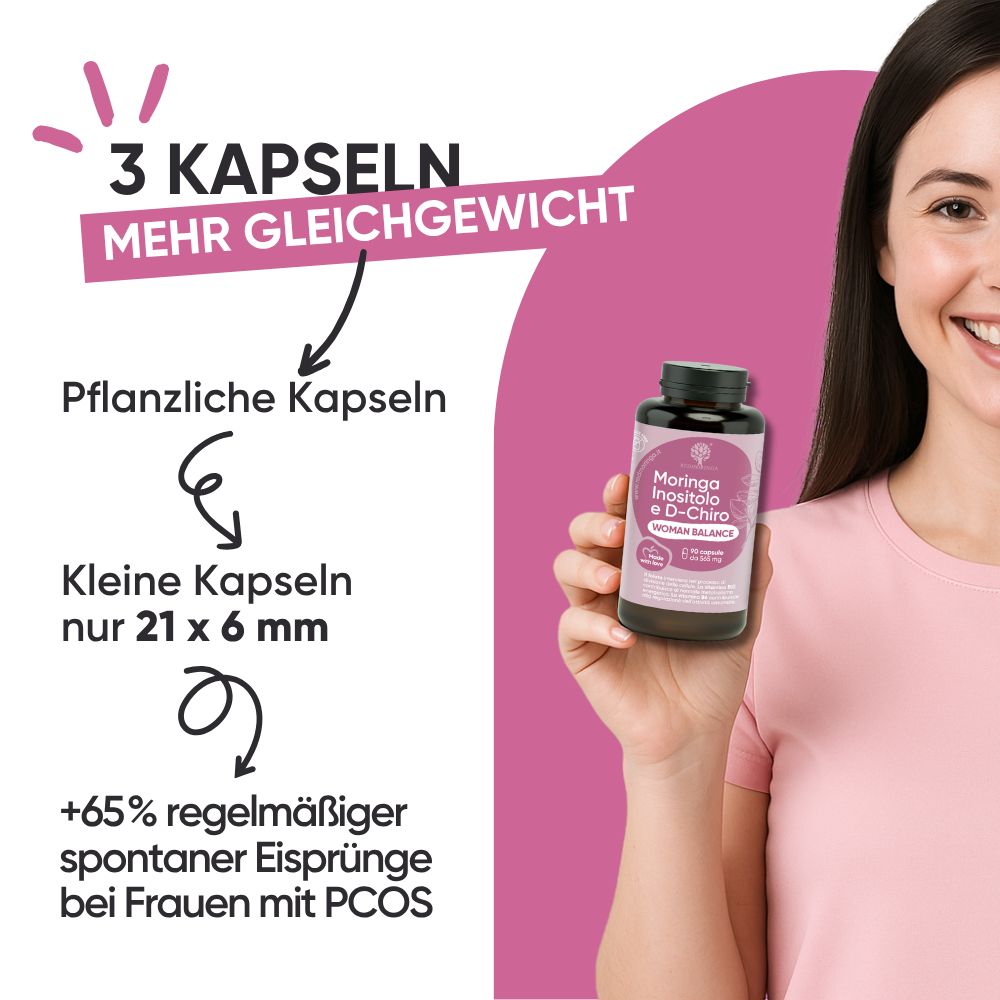 Flasche mit Kapseln, umgeben von grünen Kapseln. Unterstützt die Regulierung des Zuckerstoffwechsels.