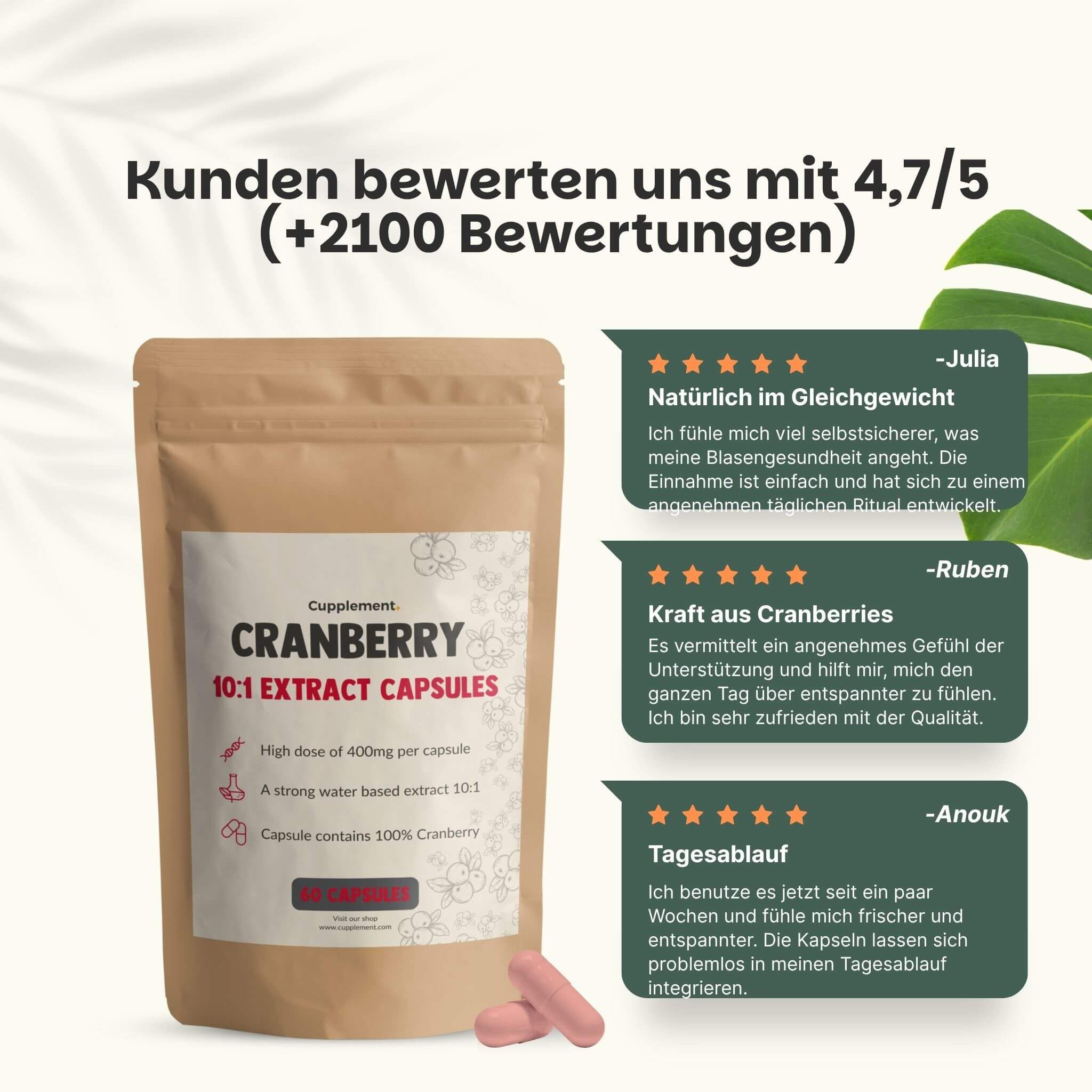 Beutel mit Cranberry-Kapseln und Kundenbewertungen. Text: Cranberry 10:1 Extract Capsules. 4,7/5 Sterne.
