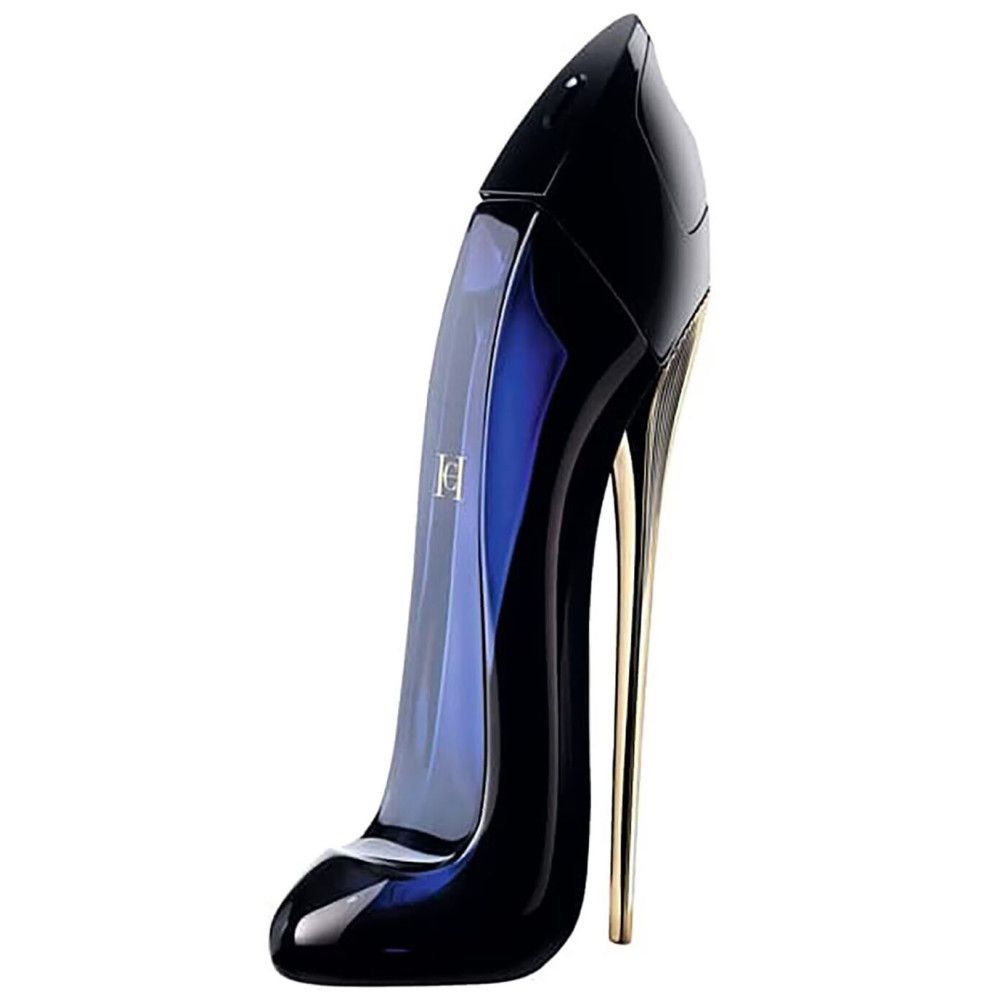 Blauer High Heel-Flakon mit goldenem Absatz. Aufschrift 'H' auf dem Flakon.