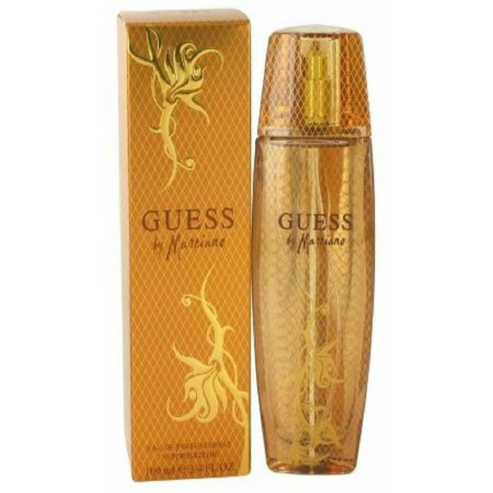 Parfümflasche und Verpackung. Aufschrift: Guess by Marciano. Goldfarbenes Design mit floralen Elementen.