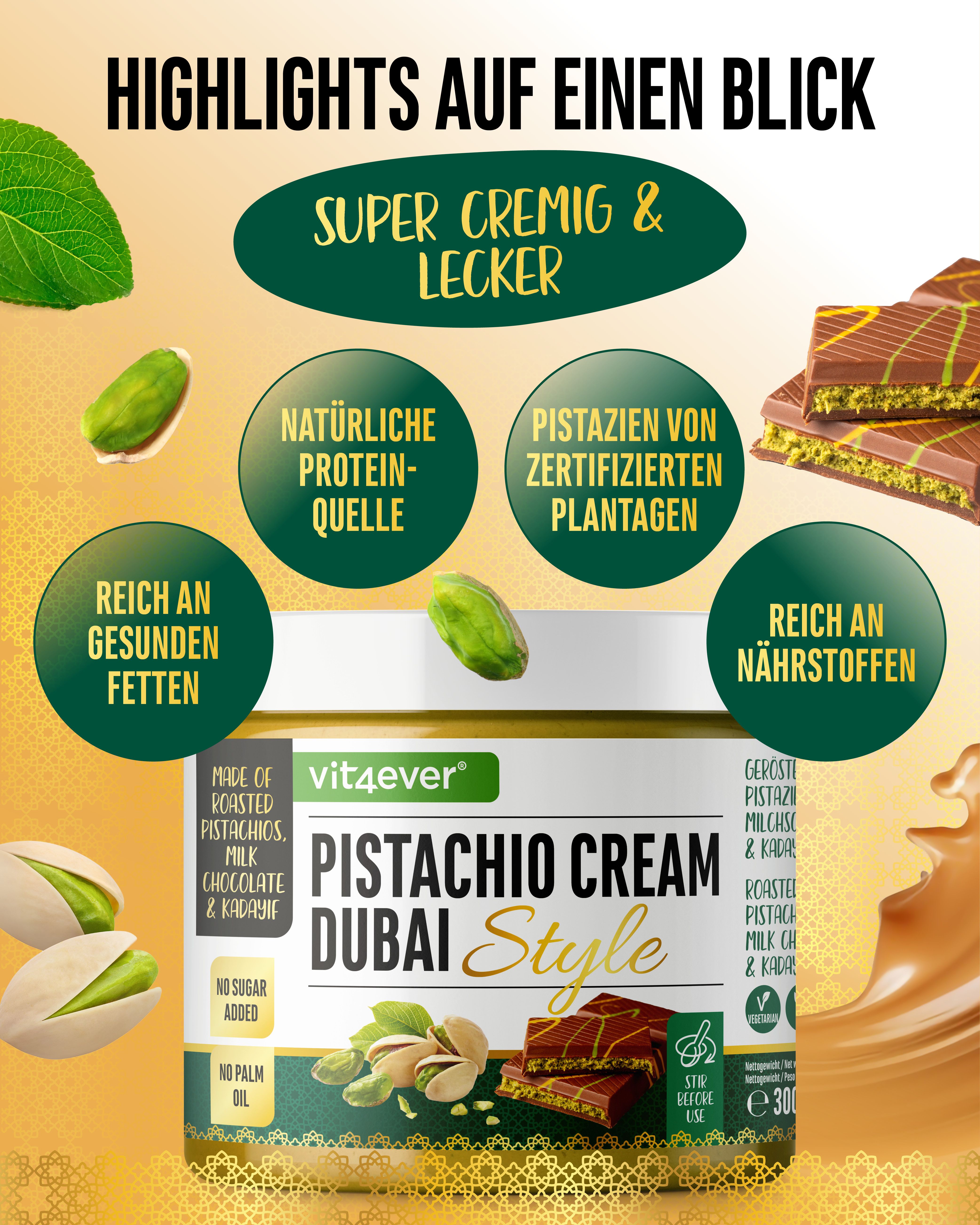 Werbebild für Pistaziencreme Dubai Style von vit4ever. Produktmerkmale: super cremig, natürliche Proteinquelle, Pistazien von zertifizierten Plantagen, reich an gesunden Fetten.