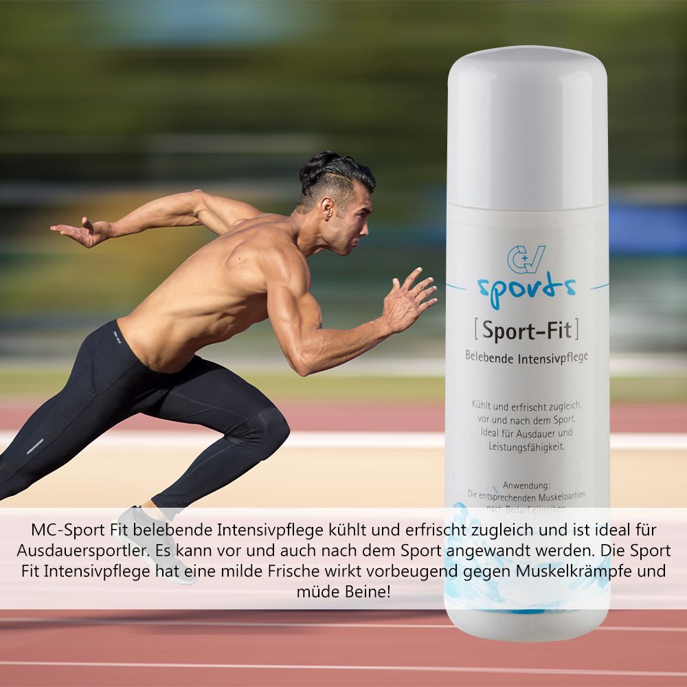 Läufer auf einer Bahn neben einer Flasche Sport-Fit Intensivpflege.