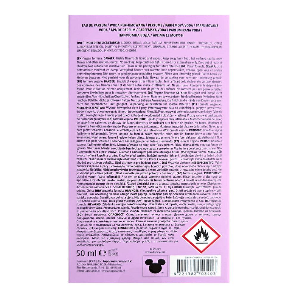 Rückseite der Disney Princess Jasmine Velvet Moonlight Eau de Parfum Schachtel mit Inhaltsstoffen und 50ml Angabe.