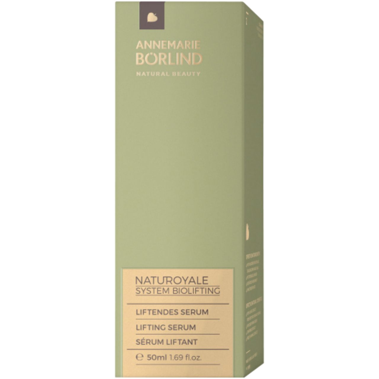 Grüne Verpackung mit Produktinformationen. Aufschrift: ANNEMARIE BÖRLIND, NATUROYALE, Liftendes Serum.