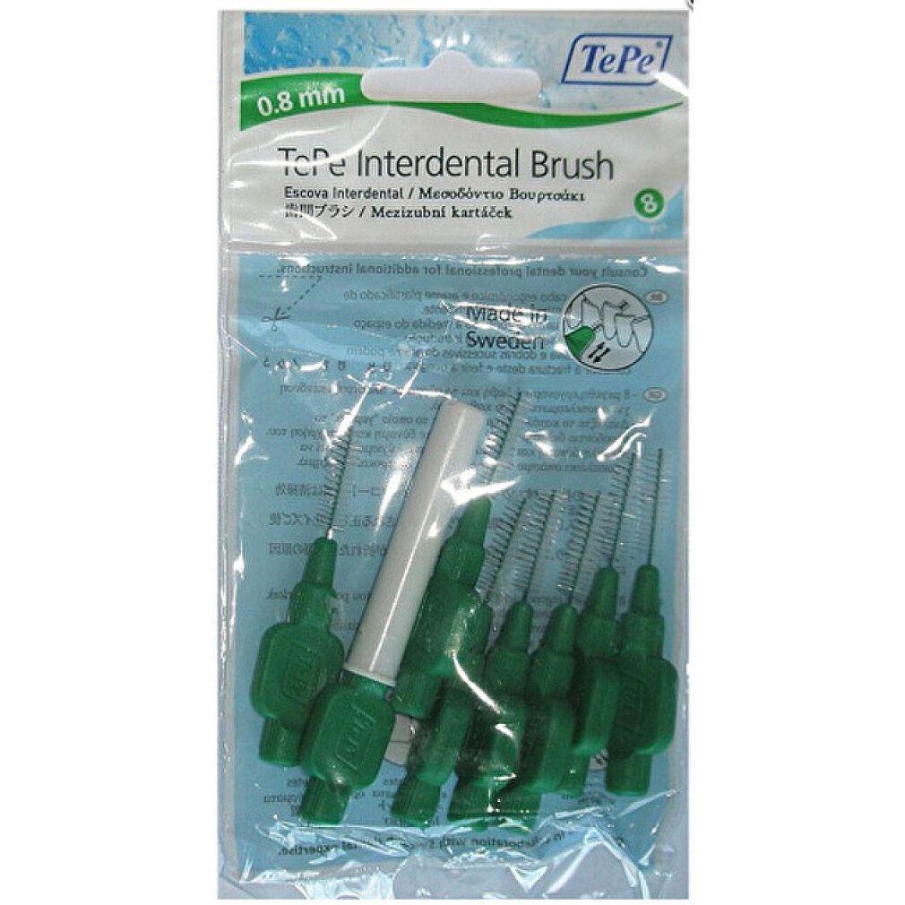 Interdentalbürsten in Verpackung. Grün, 8 Stück. Text: TePe Interdental Brush, 0,8 mm. Mit schwedischer Flagge.