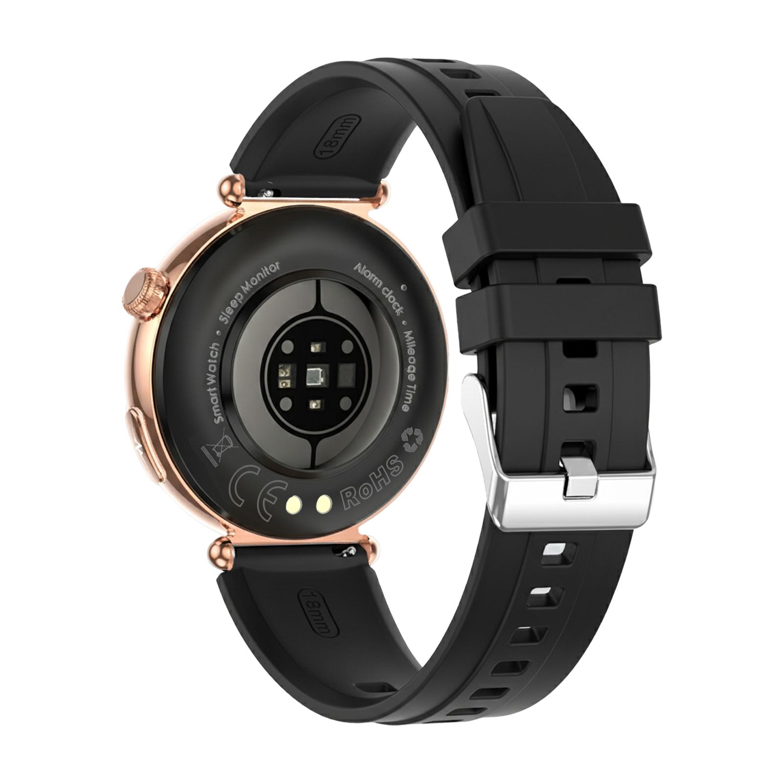 Rückseite einer Smartwatch mit roségoldfarbenem Gehäuse und schwarzem Armband. Sichtbar: Sensoren, Ladekontakte und Schriftzüge.