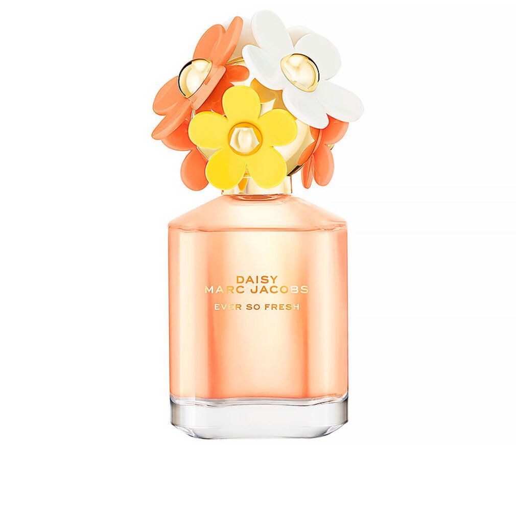 Parfümflakon mit gelben, weißen und orangefarbenen Blüten auf dem Deckel. Aufschrift: Daisy Marc Jacobs Ever so Fresh.