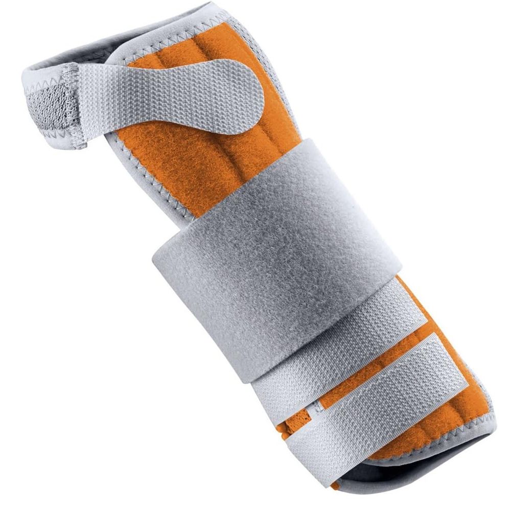 Orange und graue Handgelenkorthese mit Klettverschlüssen.