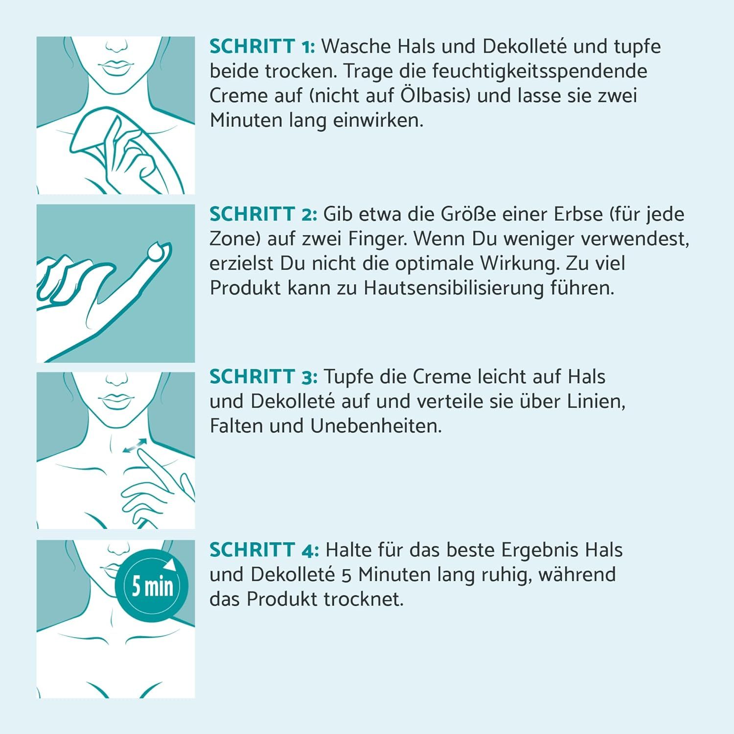 Anleitung in 4 Schritten. Wasch- und Auftrageanweisungen. 5 Minuten Wartezeit.