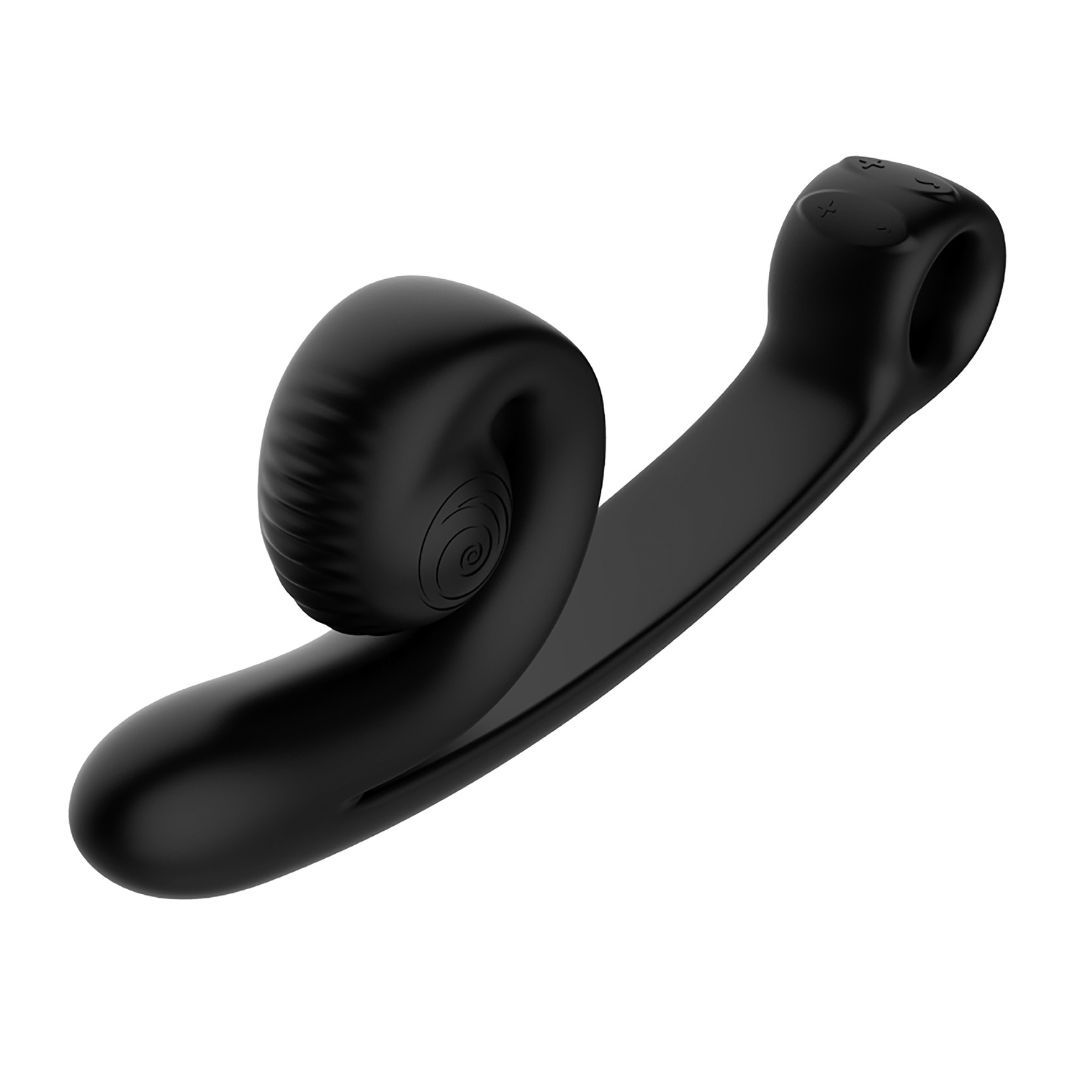 Schwarzes Wellness-Produkt. Gebogene Form mit spiralförmigem Kopf und Ring. Glatte Oberfläche.