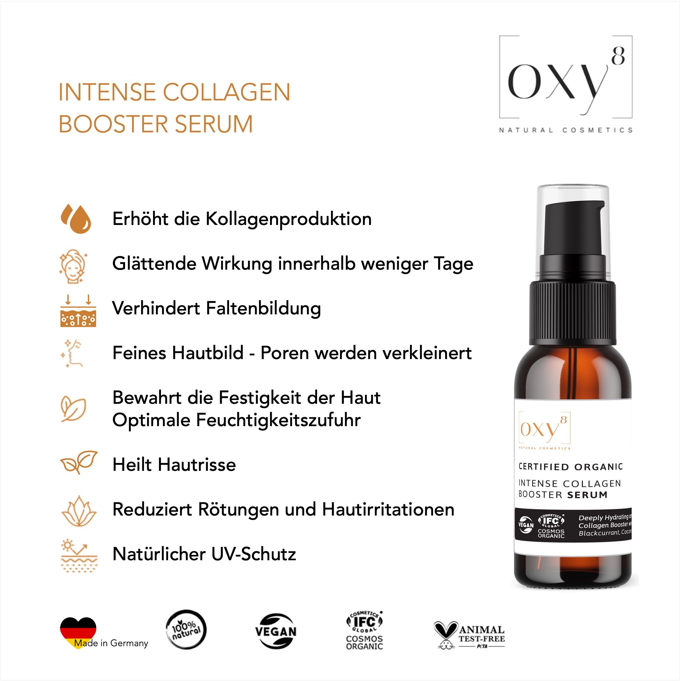 oxy8 Naturkosmetik Intense Collagen Booster Serum - Anti Aging. Glättende Wirkung in wenigen Tagen. 50 ml Creme