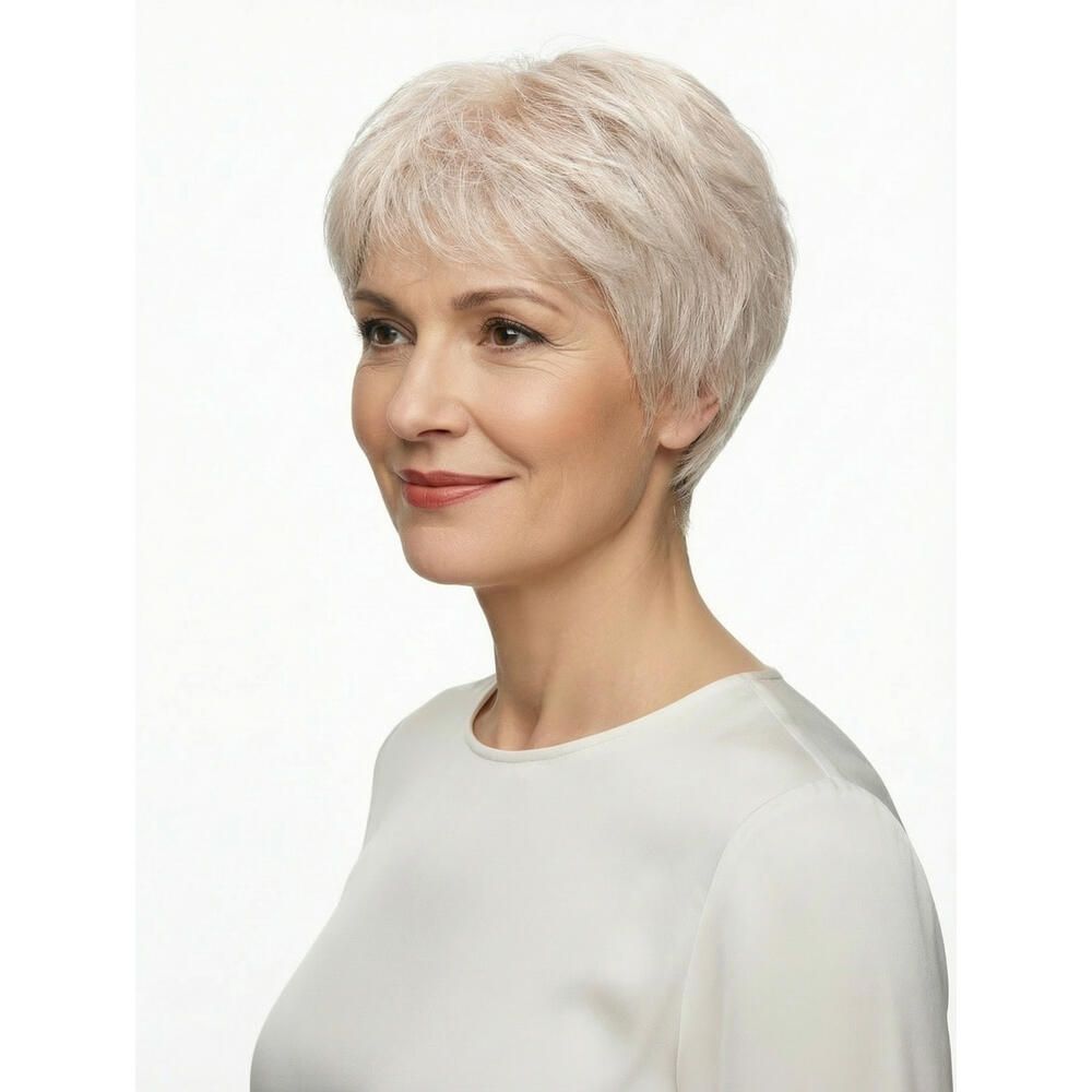 Kurzhaarperücke, hellblond, seitliche Ansicht einer Frau. Haarschnitt mit Pony. Trägt ein weißes Oberteil.