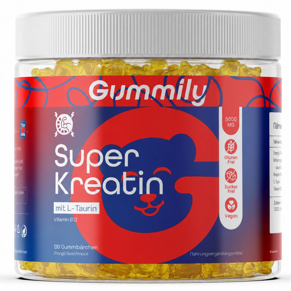 Gummily Super Kreatin Gummibärchen: 5000 mg, glutenfrei, zuckerfrei, vegan, 120 Stück, Mango Geschmack.