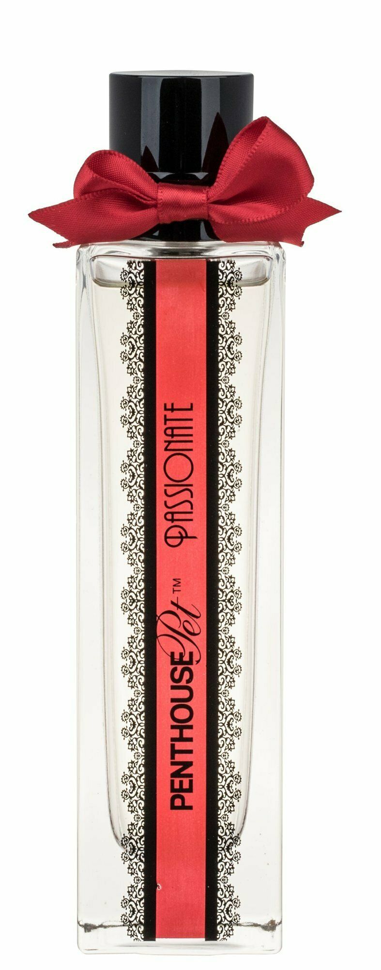 Parfümflakon mit roter Schleife. Auf rotem Streifen: PENTHOUSE, PASSIONATE. Schwarzer Deckel, klare Flüssigkeit.