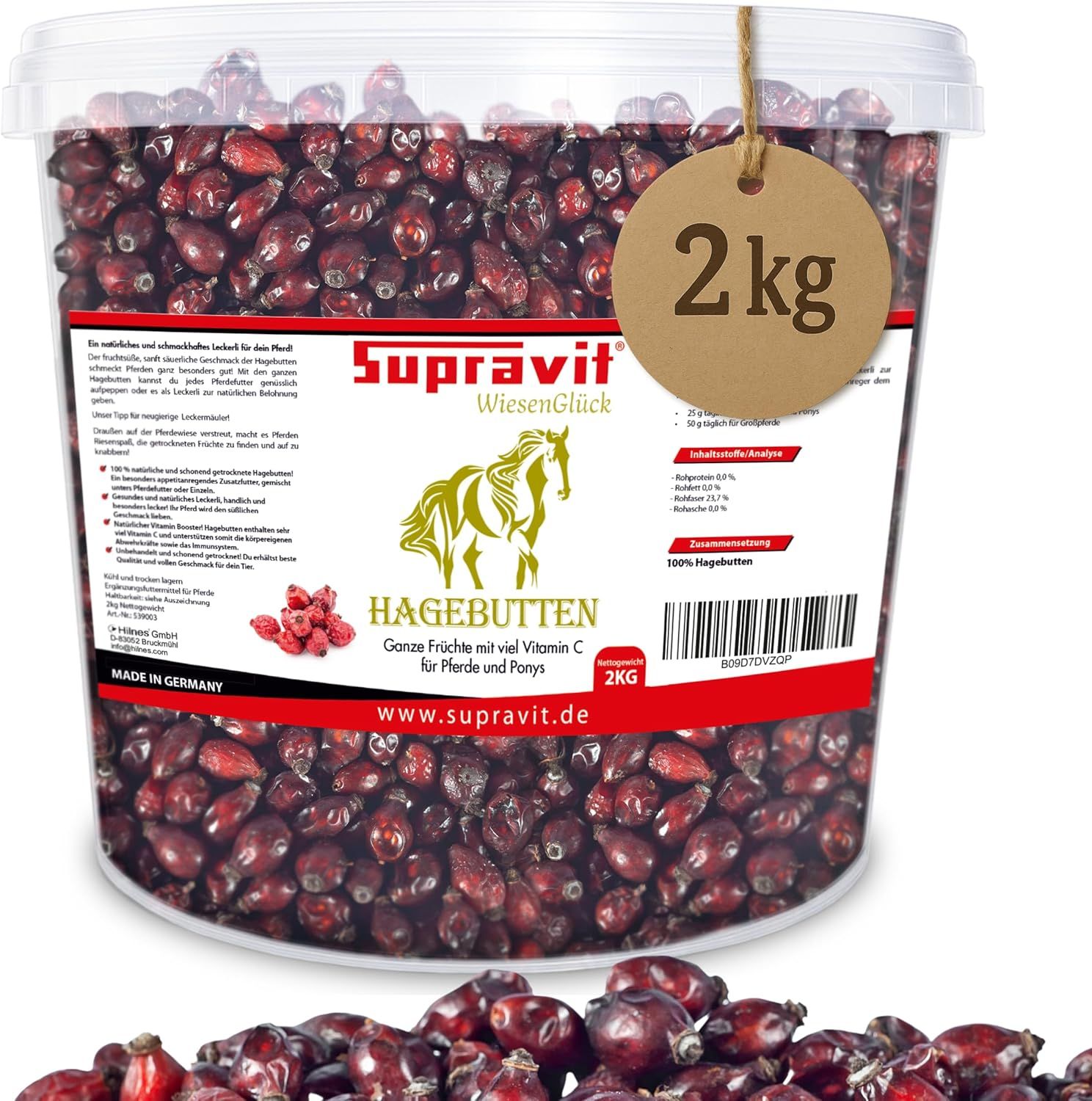 Transparenter Eimer mit getrockneten Hagebutten. Etikett mit Produktinformationen, 2 kg-Etikett.