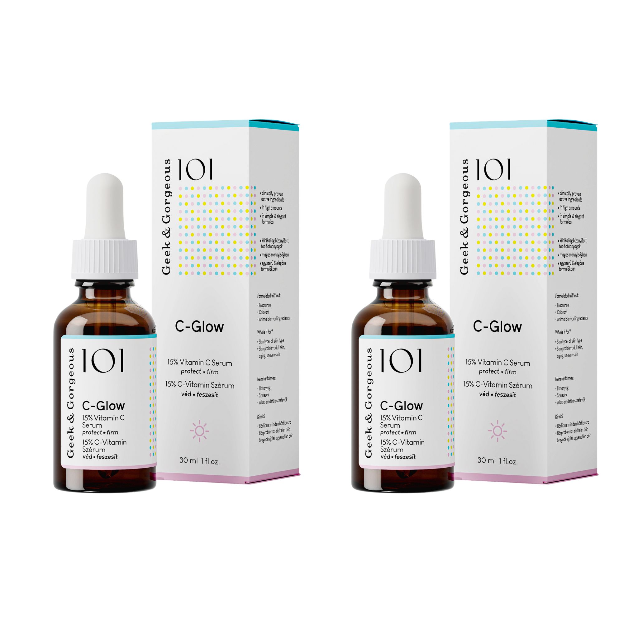 Zwei Flaschen "C-Glow" mit Verpackung. Auf den Etiketten steht "Geek & Gorgeous" und "C-Glow 15% Vitamin C Serum".