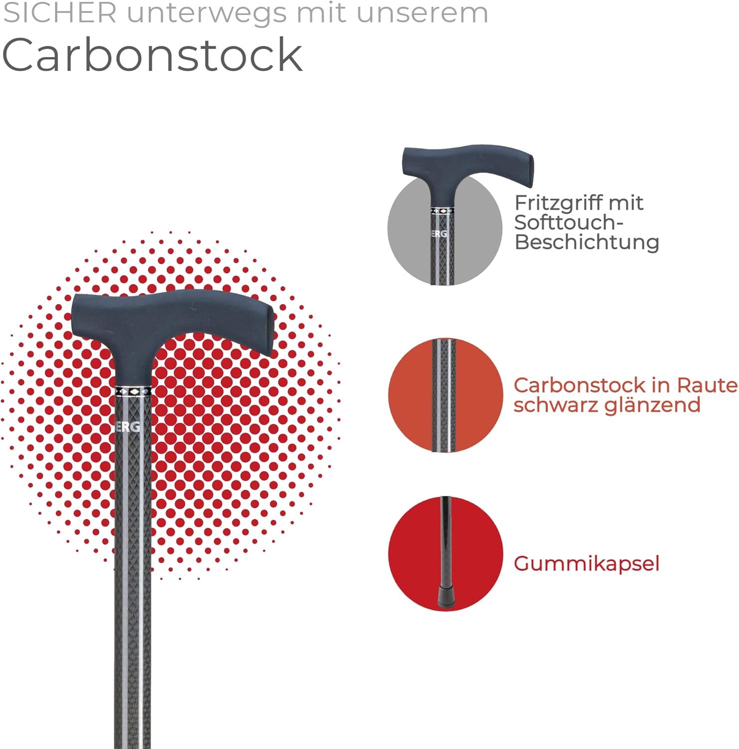 Ossenberg Carbonstock mit Fritzgriff – verstellbarer Gehstock mit Rautenmuster, bis 120 kg