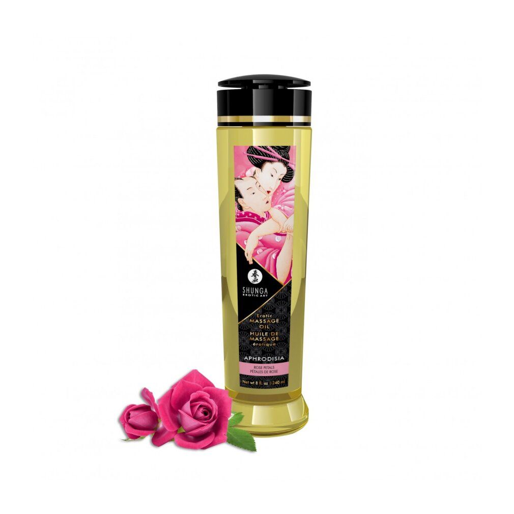 Shunga Massageöl Aphrodisia Rosen, goldene Flasche, mit zwei Rosen davor.