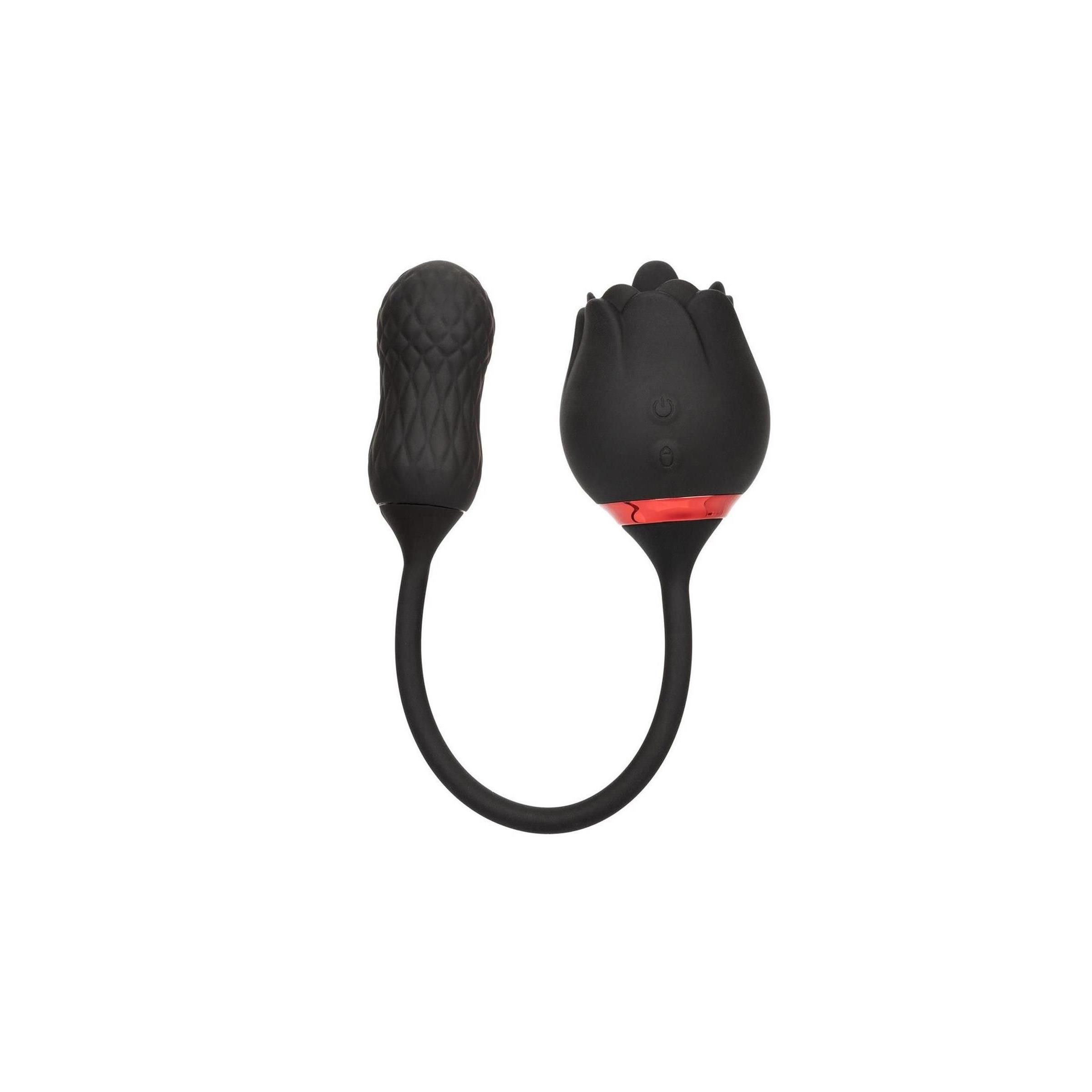 Schwarzes Wellness-Produkt. Gezeigt werden ein Vibrator und ein Produkt mit Rosenform.