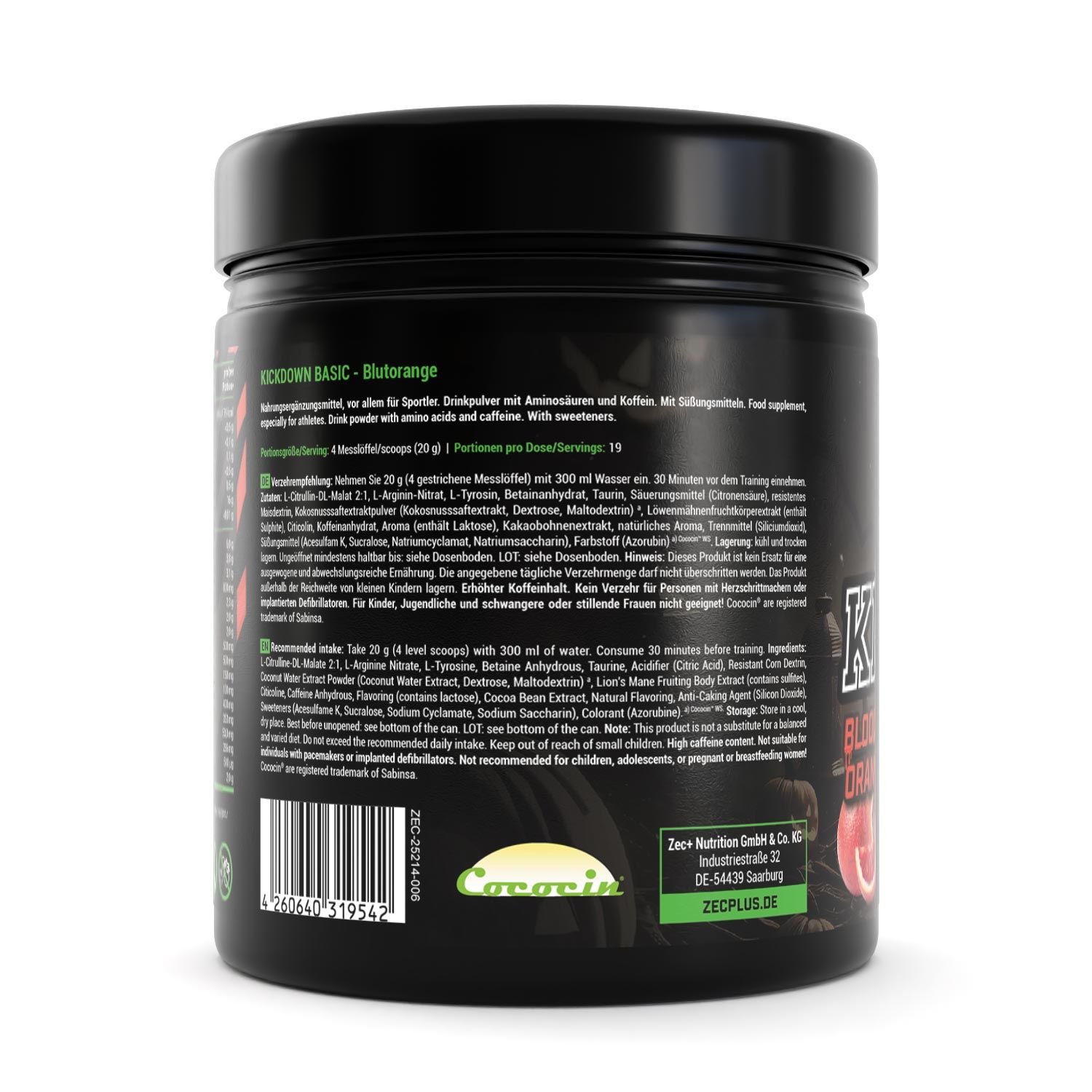 Rückseite der schwarzen Dose. Produktname, Zutatenliste und Verzehrempfehlung. Grün-rotes Design. ZEC+ Nutrition.