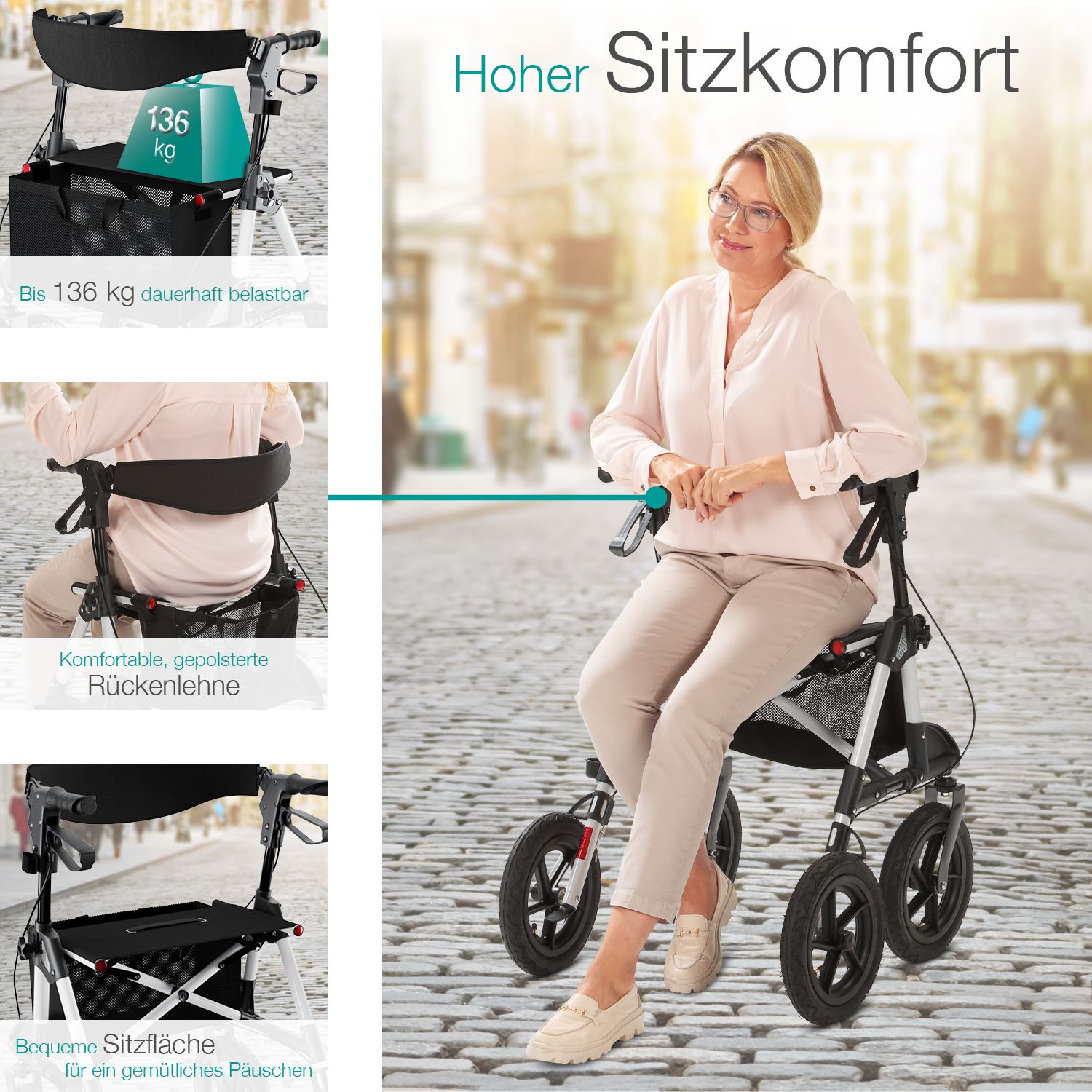 ELONEO Rollator mit Luftbereifung inkl. Sitzfläche, Rückengurt inkl. Tasche & Stockhalter
