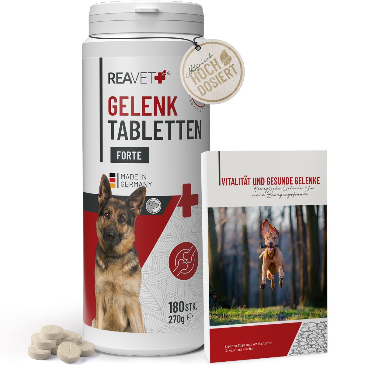 ReaVET Gelenktabletten Forte, Tablettenflasche, Broschüre, Tabletten. Flasche mit Hund, Text: Gelenktabletten Forte, 180 Stk. Broschüre: Vitalität und gesunde Gelenke.